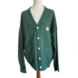 Graver of Anaheim Green Cardigan Sweater with Daisy Embroidery on chest.